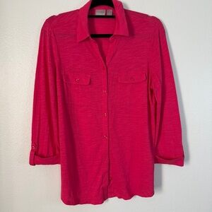 Chico’s Collared Henley Pink 3/4 Sleeves W/ Roll Tab Sz 1 (Medium 8) Lightweight